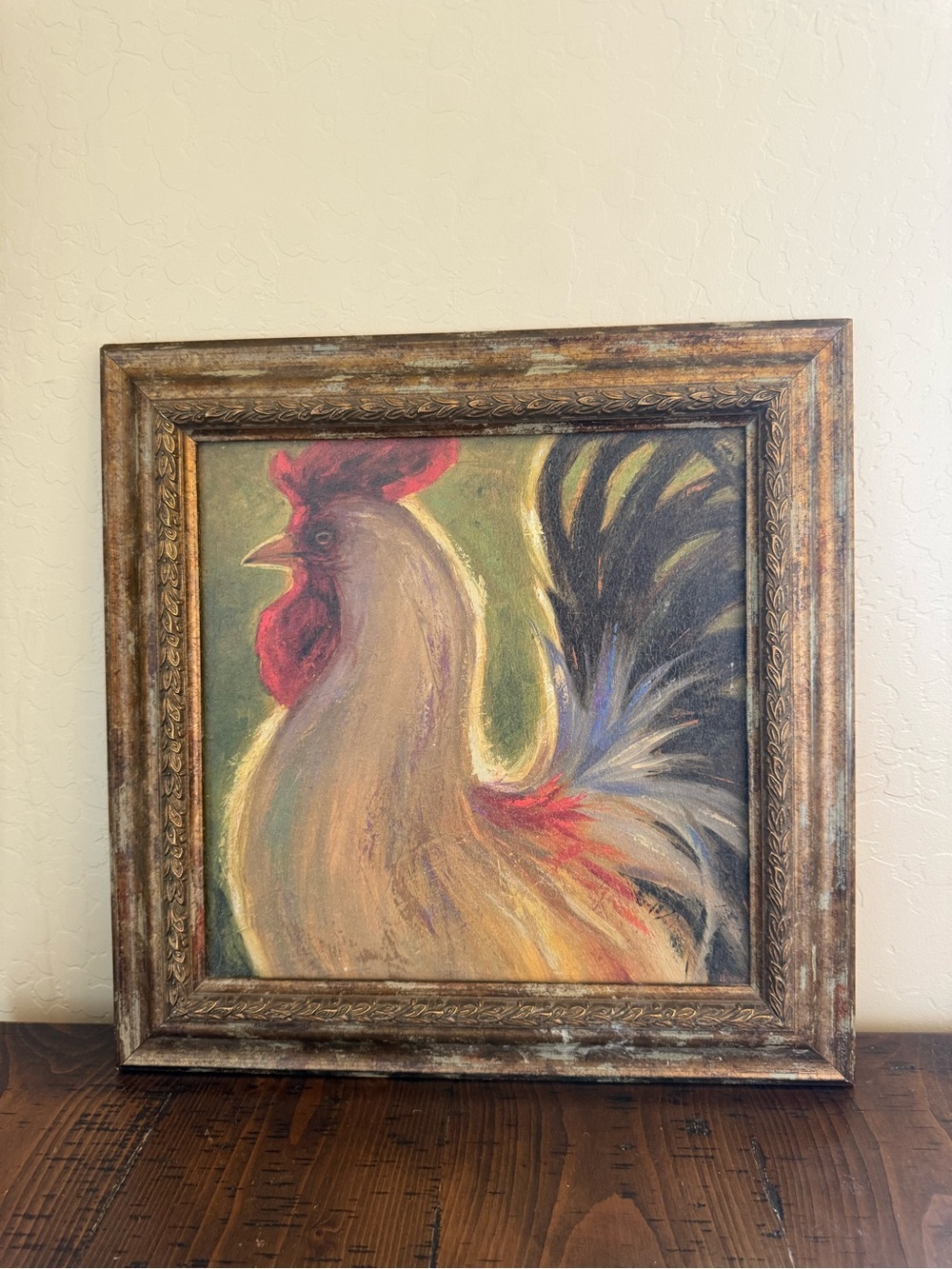 Vintage Rooster Painting Original Framed Farmhouse Art Impressionist 1960s Art